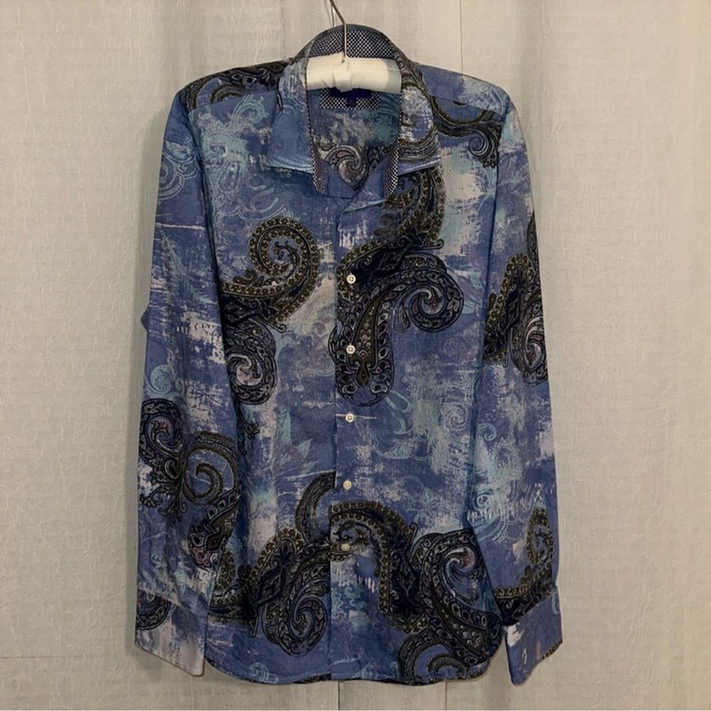 TALLIA XL Paisley Blue Cloud Palette Long Sleeve Pocket Dress Button Down Shirt